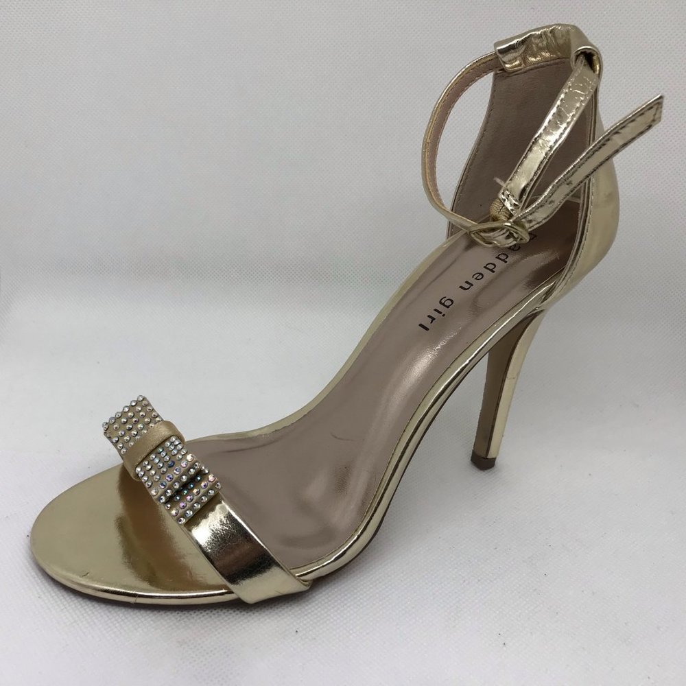 Madden Girl Darlaa Gold and Rhinestone bow detail Dressy Strappy Sandal Stiletto